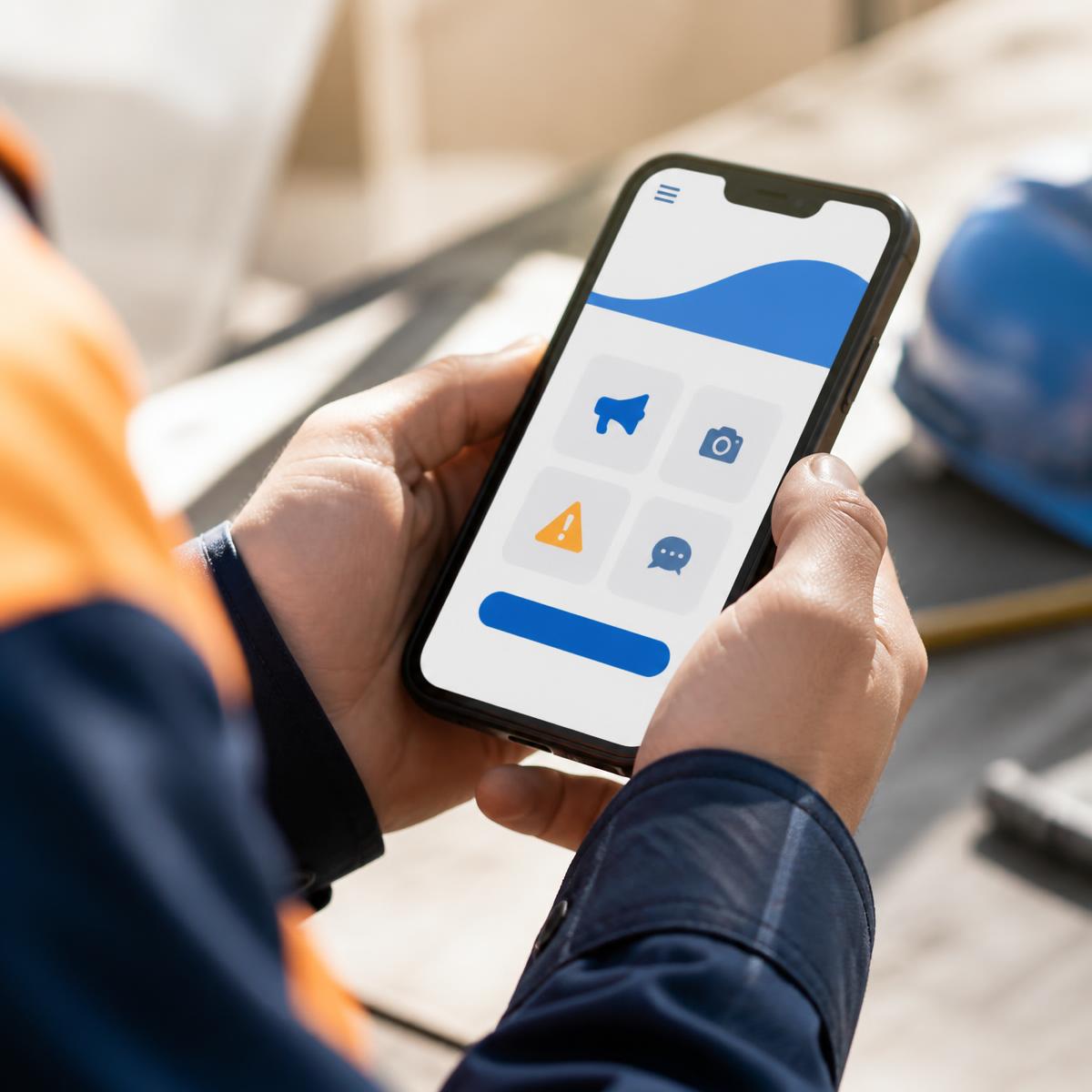 A worker holding a phone open on a simple reporting screen